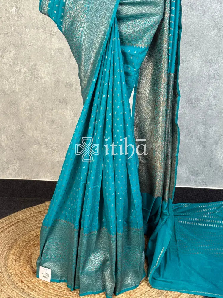 SEMI GEORGETTE ANTIQ BANARASI SAREE - PEACOCK TEAL