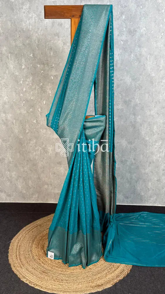 SEMI GEORGETTE ANTIQ BANARASI SAREE - PEACOCK TEAL