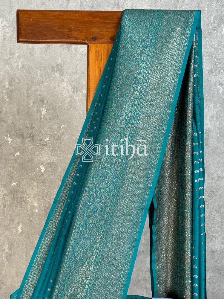 SEMI GEORGETTE ANTIQ BANARASI SAREE - PEACOCK TEAL