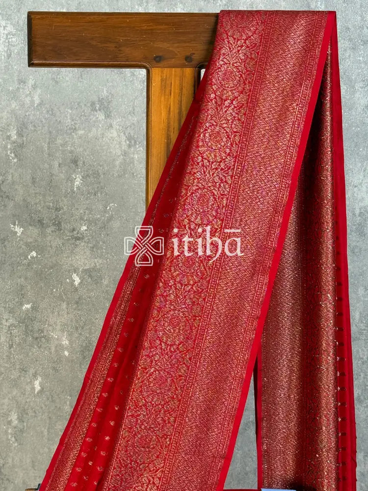 SEMI GEORGETTE ANTIQ BANARASI SAREE - Red