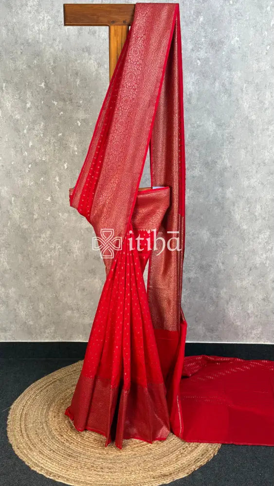 SEMI GEORGETTE ANTIQ BANARASI SAREE - Red