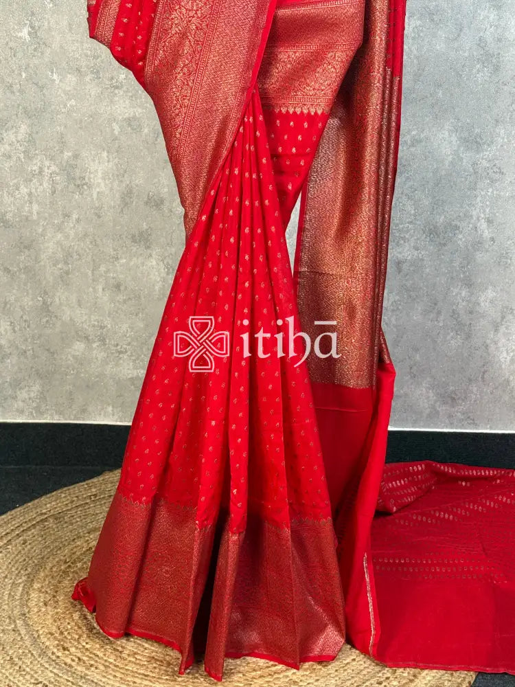 SEMI GEORGETTE ANTIQ BANARASI SAREE - Red