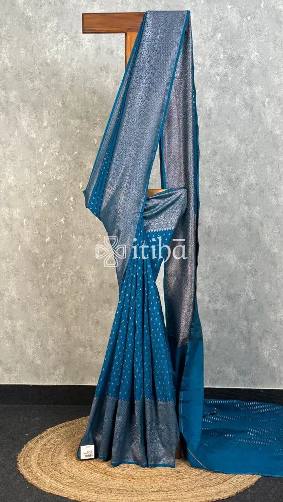 SEMI GEORGETTE ANTIQ BANARASI SAREE - teal blue