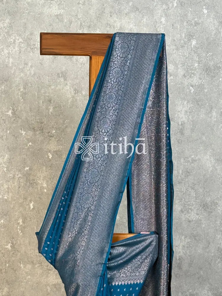 SEMI GEORGETTE ANTIQ BANARASI SAREE - teal blue