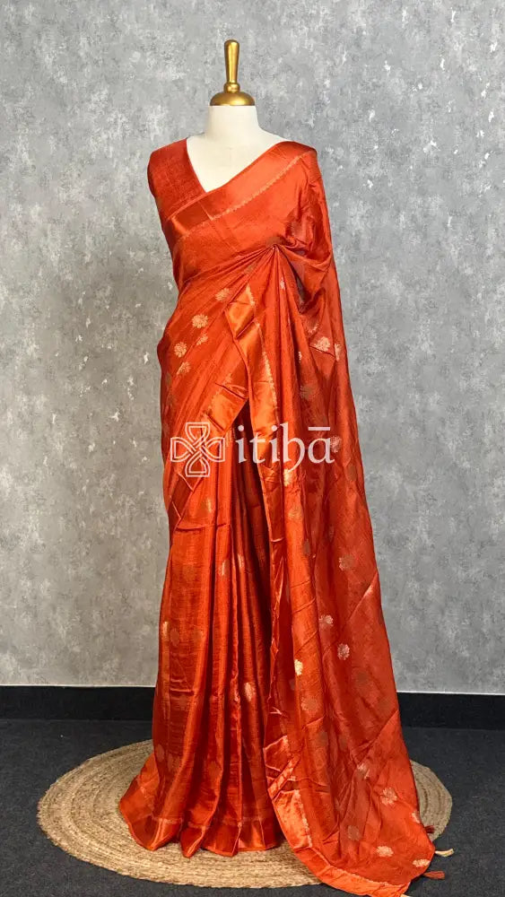 SEMI JUTE BANARASI SAREE - BURNT ORANGE