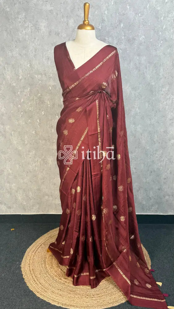 SEMI JUTE BANARASI SAREE - coffee brown