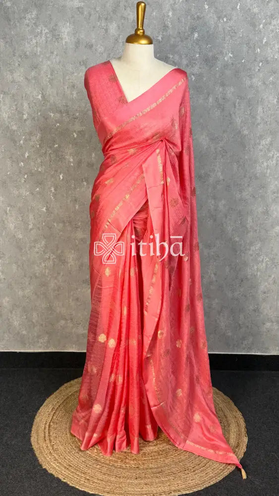 SEMI JUTE BANARASI SAREE - CORAL PINK