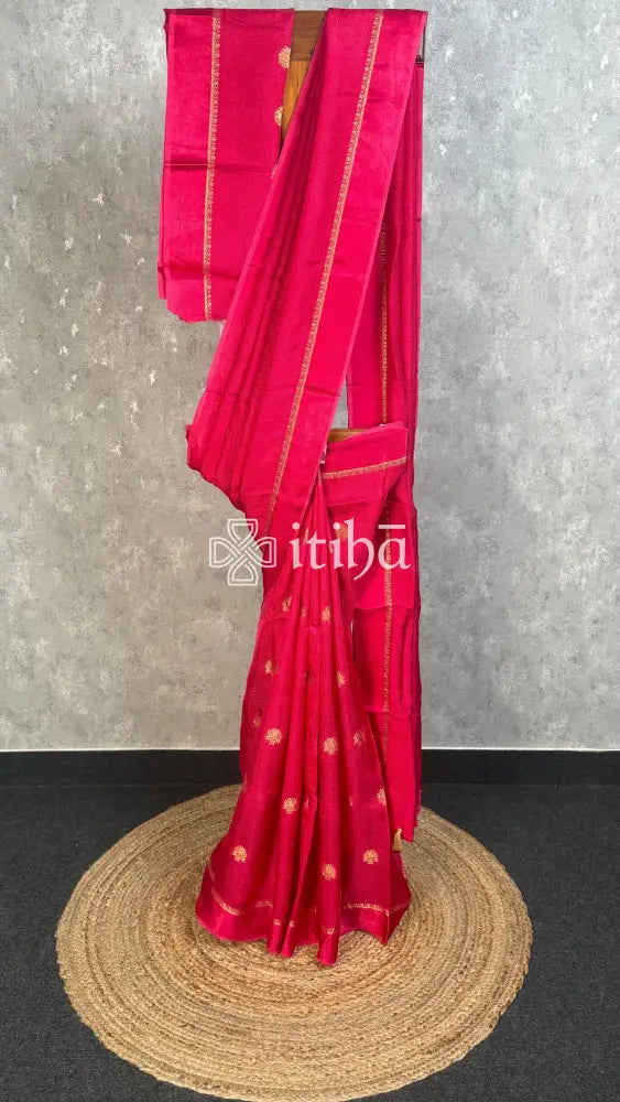 SEMI JUTE BANARASI SAREE - RANI PINK