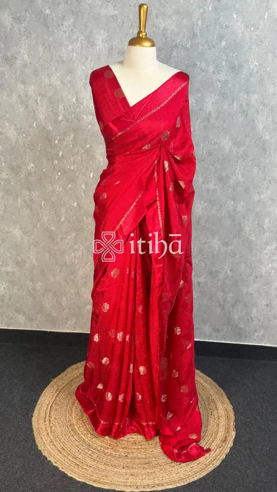SEMI JUTE BANARASI SAREE - Red