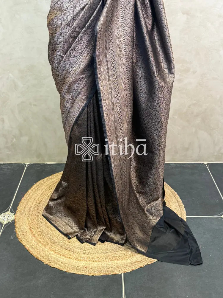 SEMI KATAN ANTIQUE ZARI BANARASI SAREE - Black