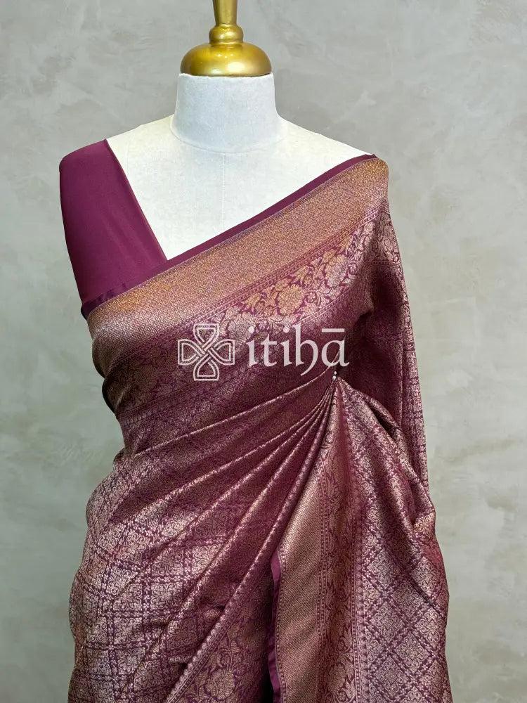 SEMI KATAN ANTIQUE ZARI BANARASI SAREE - WINE RED