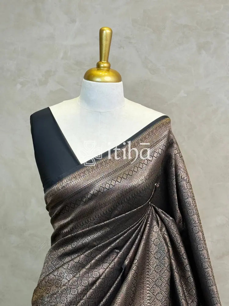 SEMI KATAN ANTIQUE ZARI BANARASI SAREE - Black