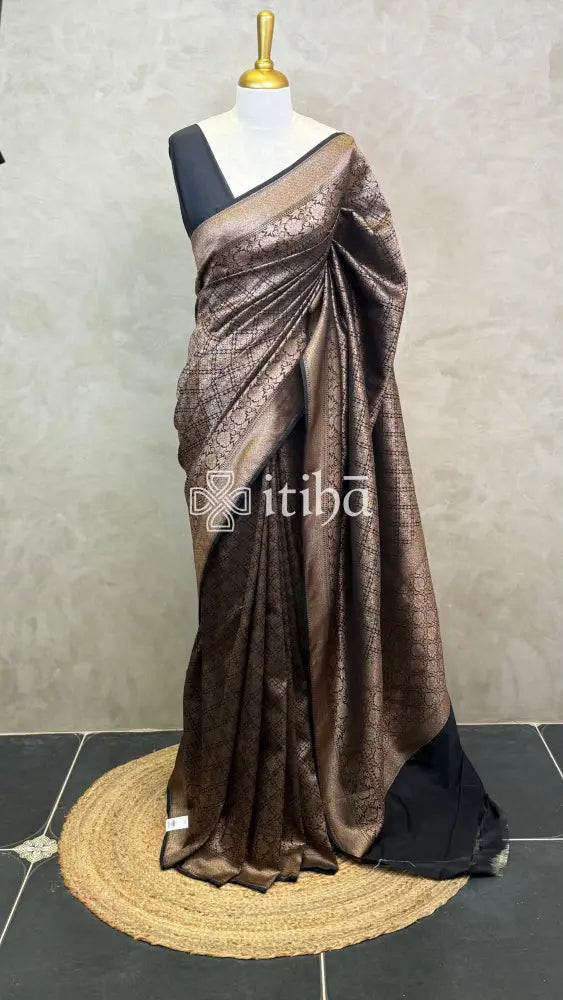 SEMI KATAN ANTIQUE ZARI BANARASI SAREE - Black