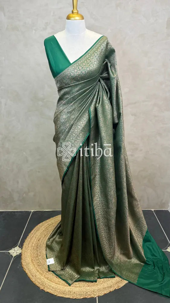 SEMI KATAN ANTIQUE ZARI BANARASI SAREE - Green