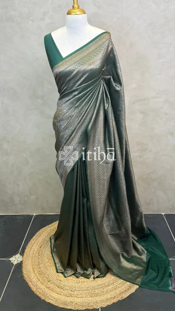SEMI KATAN ANTIQUE ZARI BANARASI SAREE - Green