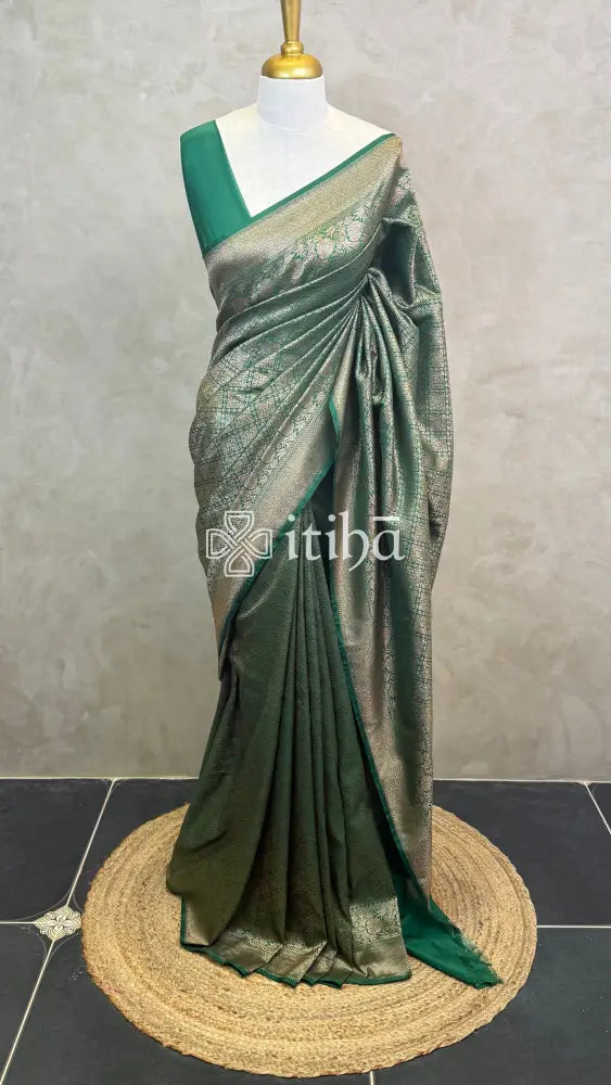 SEMI KATAN ANTIQUE ZARI BANARASI SAREE - Green