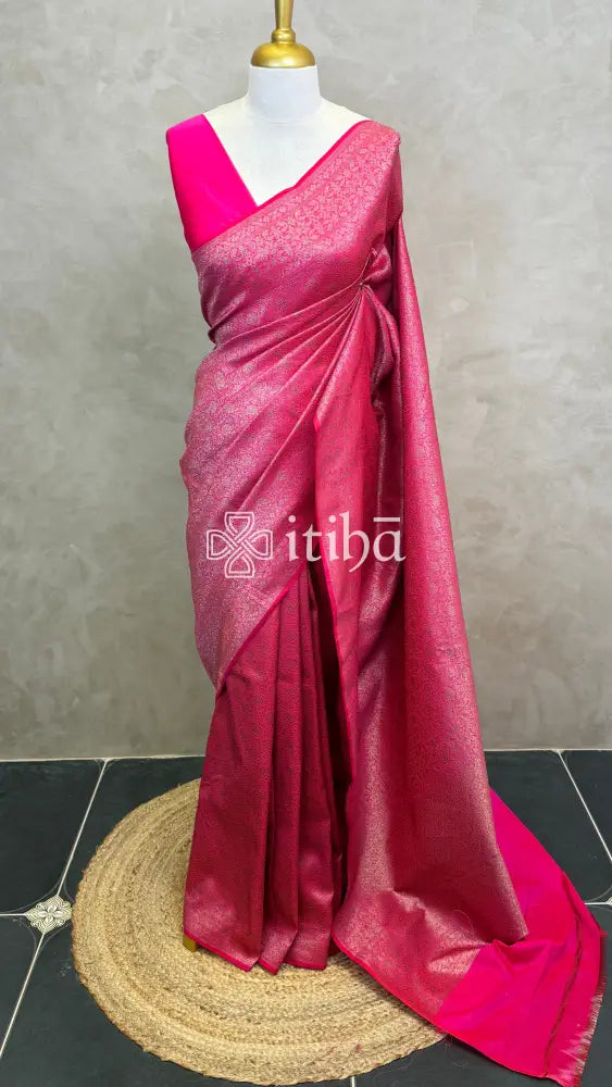 SEMI KATAN ANTIQUE ZARI BANARASI SAREE - RANI PINK