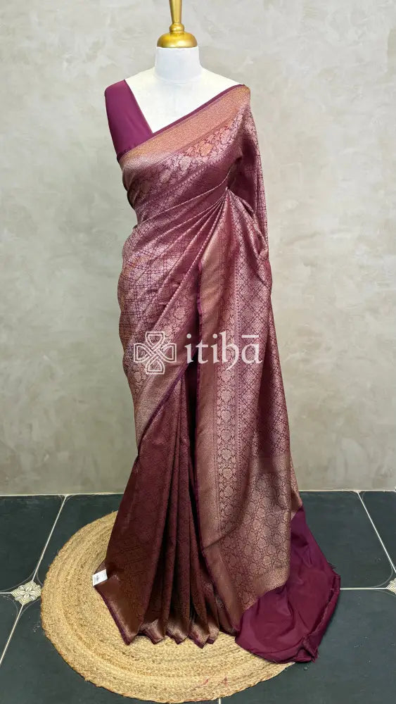 SEMI KATAN ANTIQUE ZARI BANARASI SAREE - WINE RED