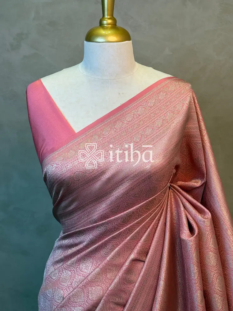 SEMI KATAN WATER ZARI BROCADE BANARASI SAREE - PEACH PINK