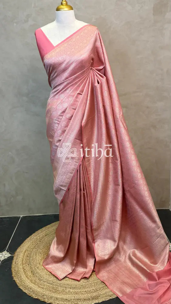 SEMI KATAN WATER ZARI BROCADE BANARASI SAREE - PEACH PINK