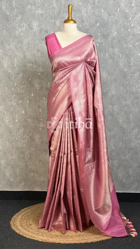 SEMI KATAN WATER ZARI BROCADE BANARASI SAREE - ROSE PINK