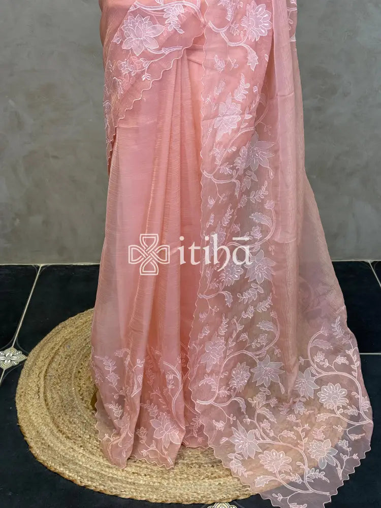 SEMI ORGANZA APPLIQUE EMBROIDERY SAREE