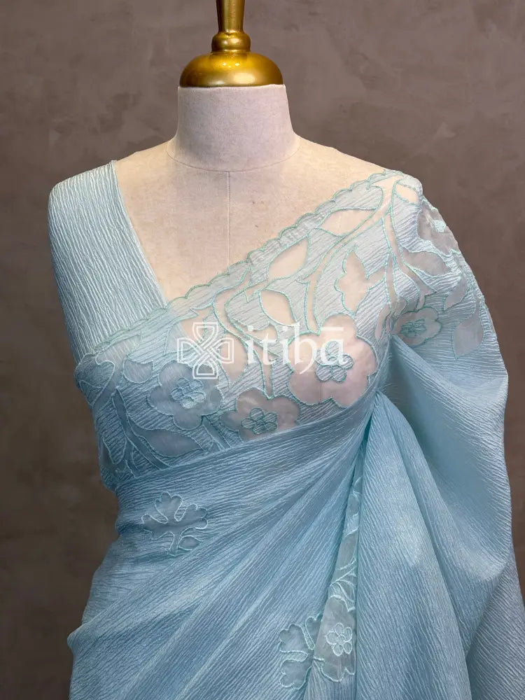 SEMI ORGANZA APPLIQUE EMBROIDERY SAREE