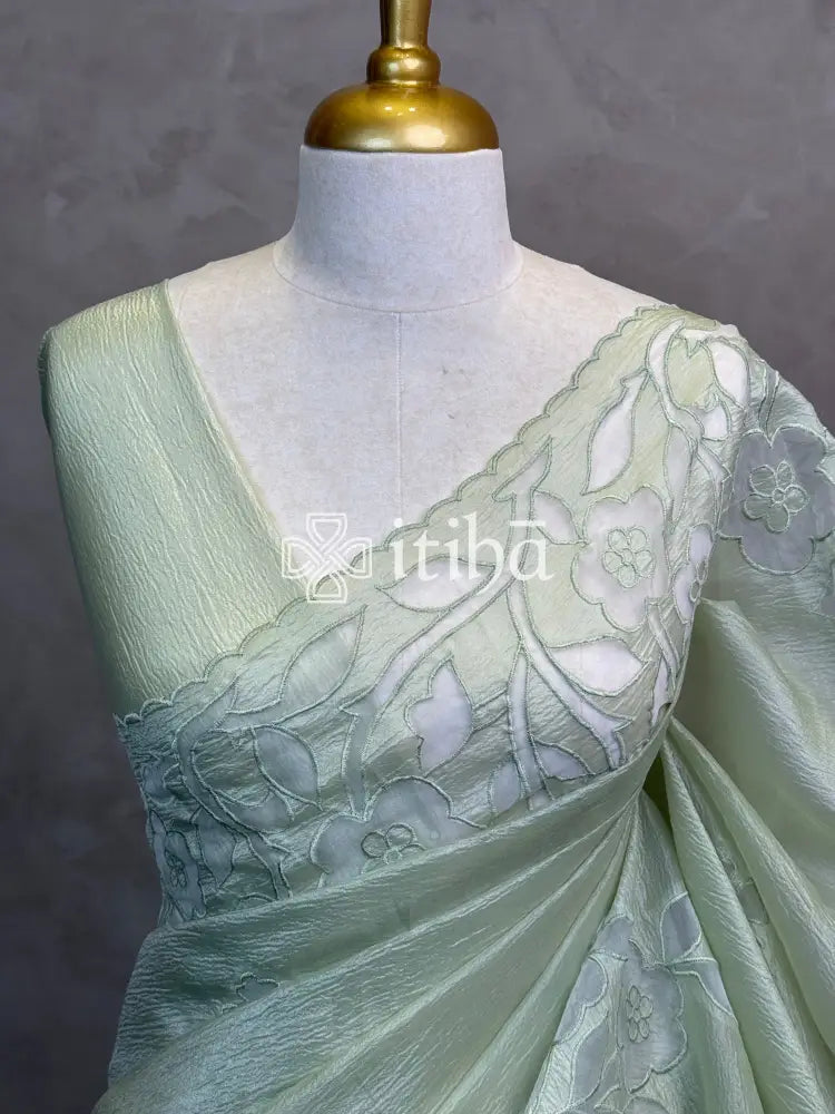 SEMI ORGANZA APPLIQUE EMBROIDERY SAREE