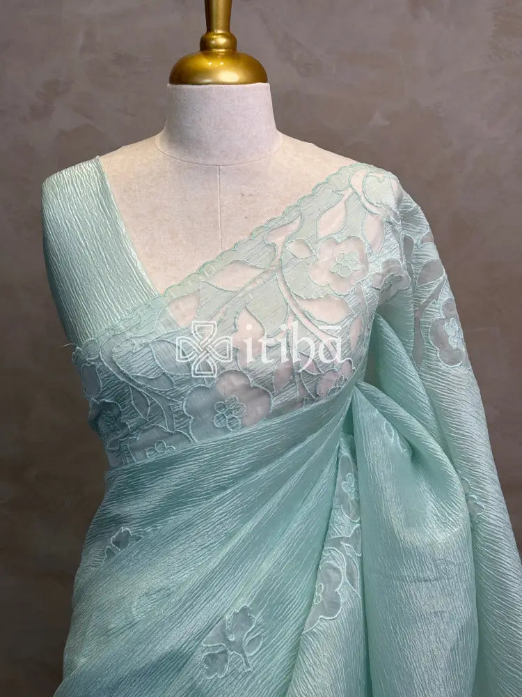 SEMI ORGANZA APPLIQUE EMBROIDERY SAREE