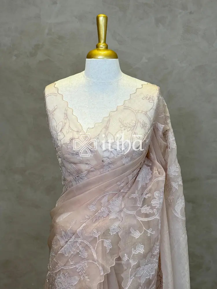 SEMI ORGANZA APPLIQUE EMBROIDERY SAREE