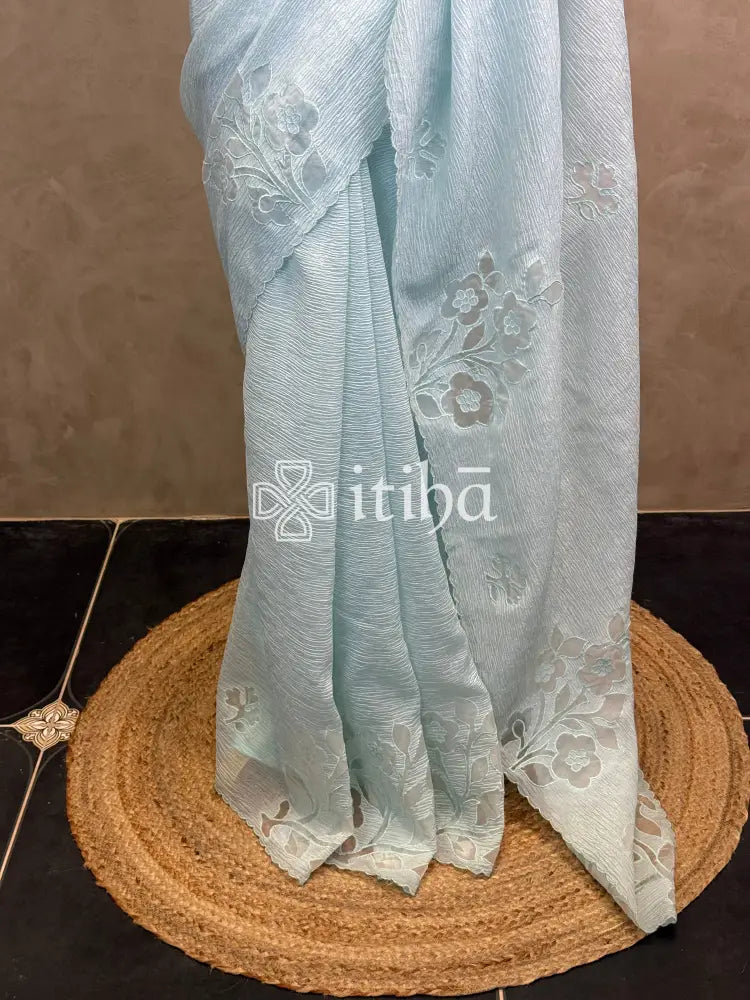 SEMI ORGANZA APPLIQUE EMBROIDERY SAREE