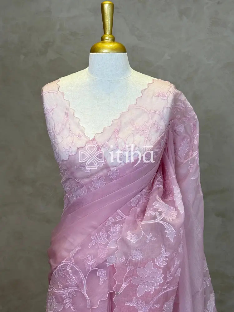 SEMI ORGANZA APPLIQUE EMBROIDERY SAREE