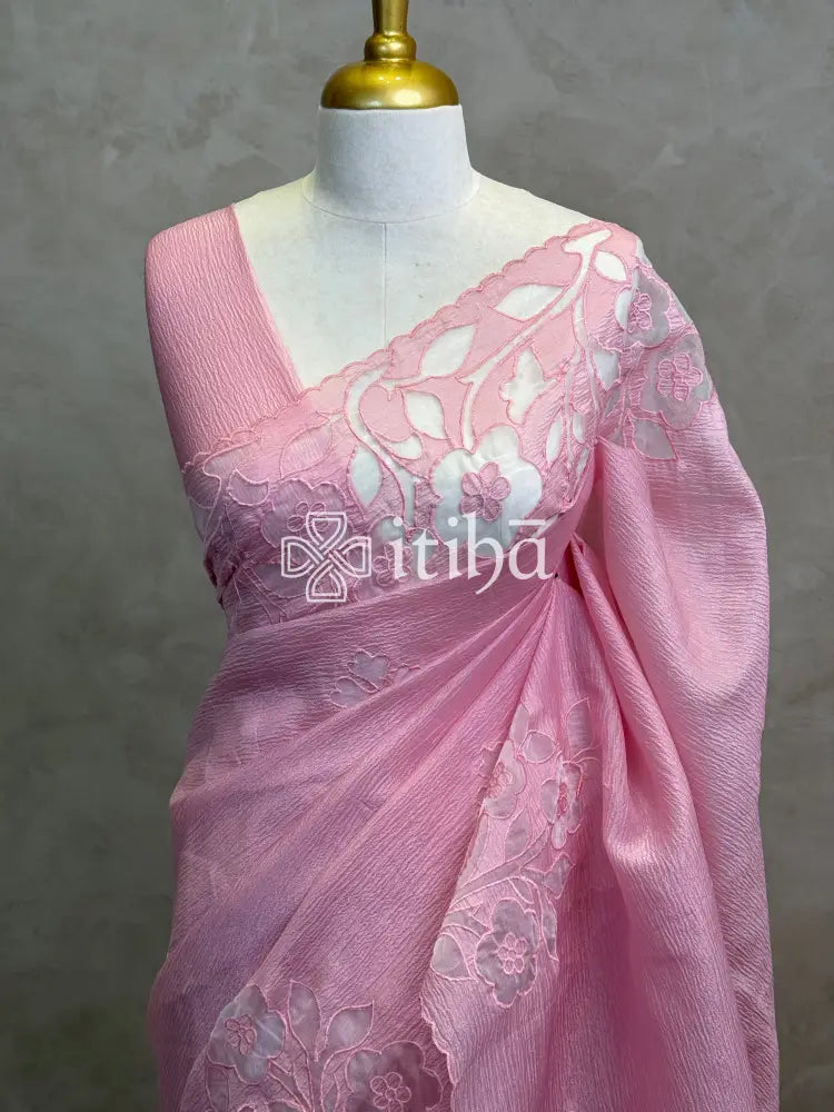 SEMI ORGANZA APPLIQUE EMBROIDERY SAREE