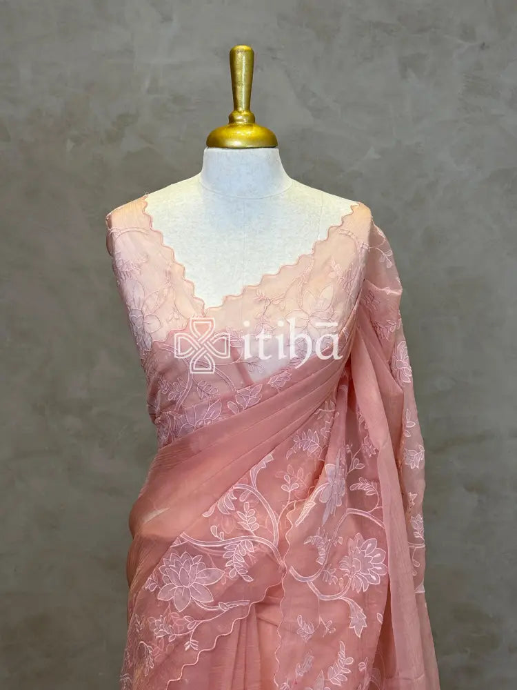 SEMI ORGANZA APPLIQUE EMBROIDERY SAREE