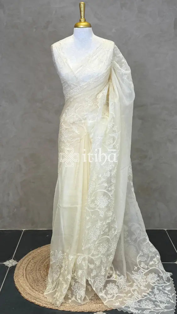 SEMI ORGANZA APPLIQUE EMBROIDERY SAREE - CREAM