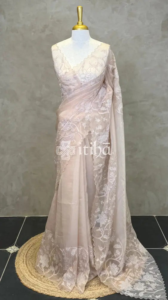 SEMI ORGANZA APPLIQUE EMBROIDERY SAREE - DUSTY ROSE PEACH