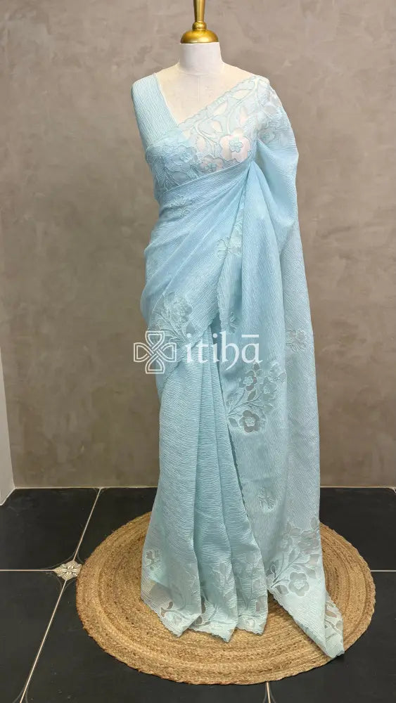 SEMI ORGANZA APPLIQUE EMBROIDERY SAREE - LIGHT BLUE