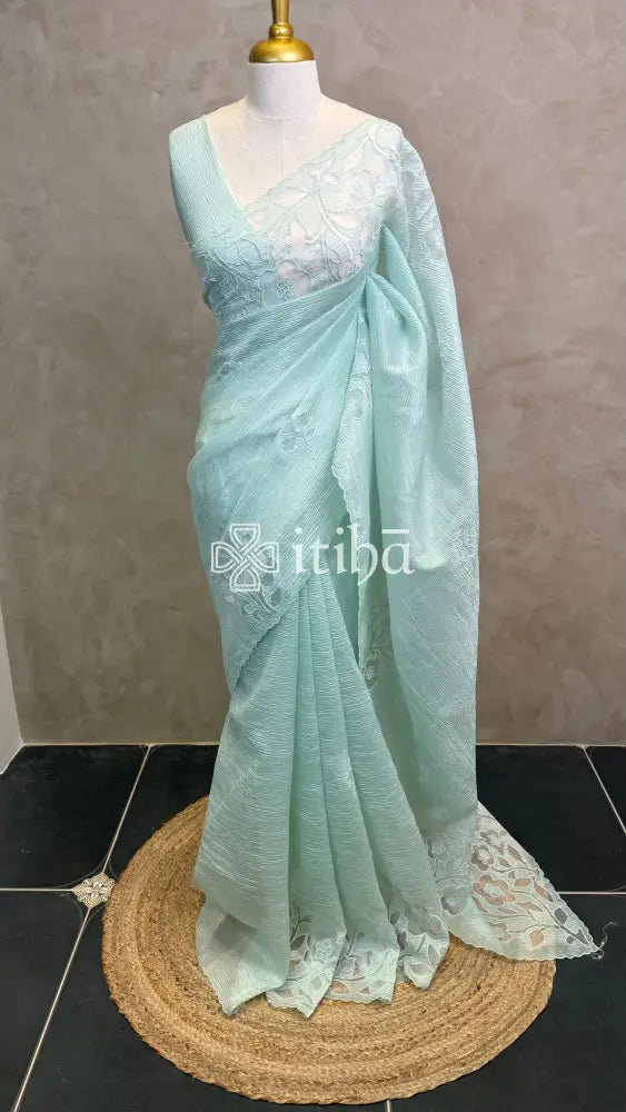 SEMI ORGANZA APPLIQUE EMBROIDERY SAREE