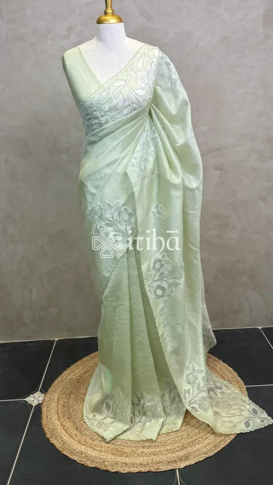 SEMI ORGANZA APPLIQUE EMBROIDERY SAREE - PASTEL GREEN