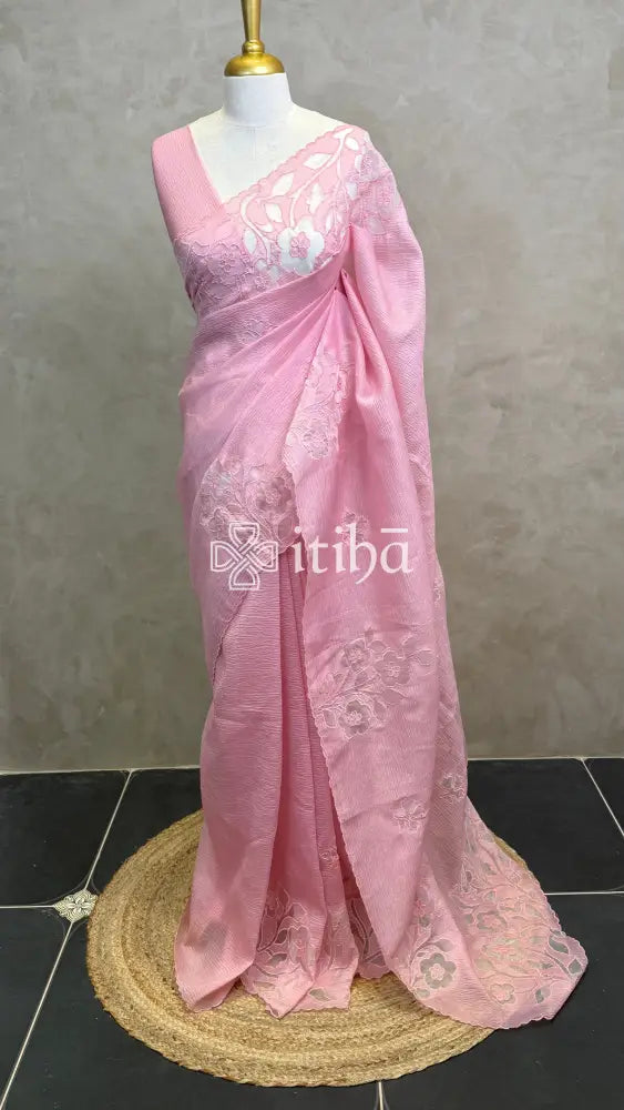 SEMI ORGANZA APPLIQUE EMBROIDERY SAREE - PASTEL PINK