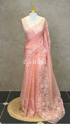 SEMI ORGANZA APPLIQUE EMBROIDERY SAREE - PEACH