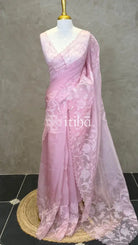SEMI ORGANZA APPLIQUE EMBROIDERY SAREE - Pink