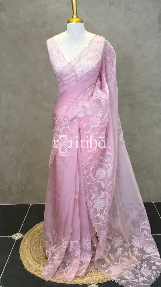 SEMI ORGANZA APPLIQUE EMBROIDERY SAREE - Pink