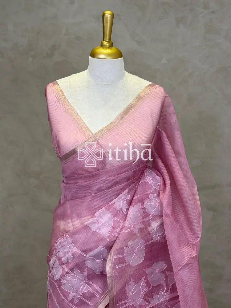 SEMI ORGANZA APPLIQUE EMBROIDERY SAREE - Pink
