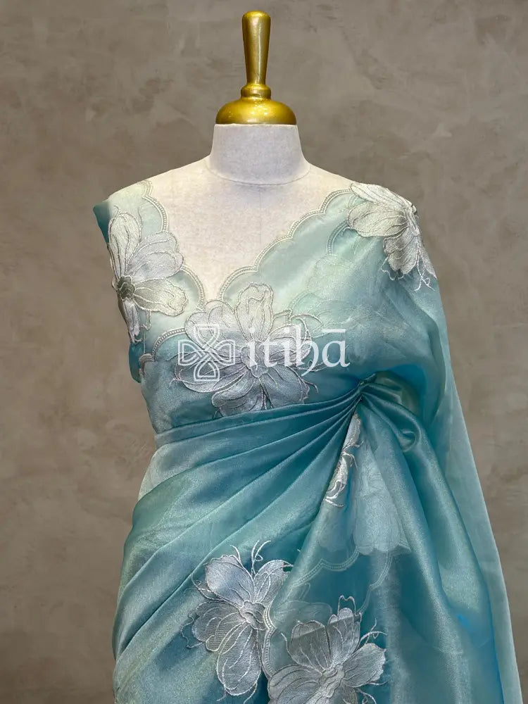 SEMI ORGANZA APPLIQUE SAREE