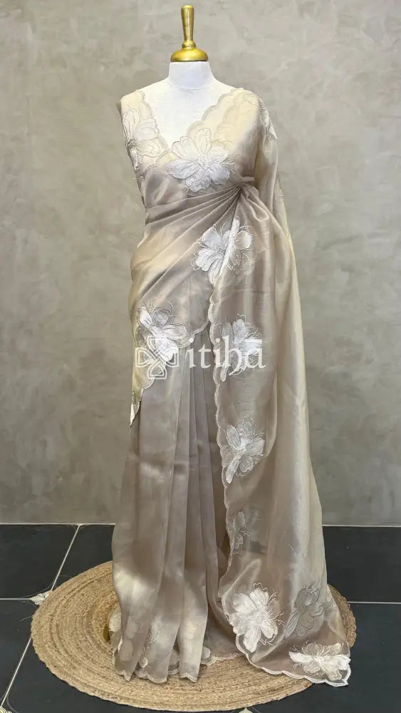 SEMI ORGANZA APPLIQUE SAREE - Beige