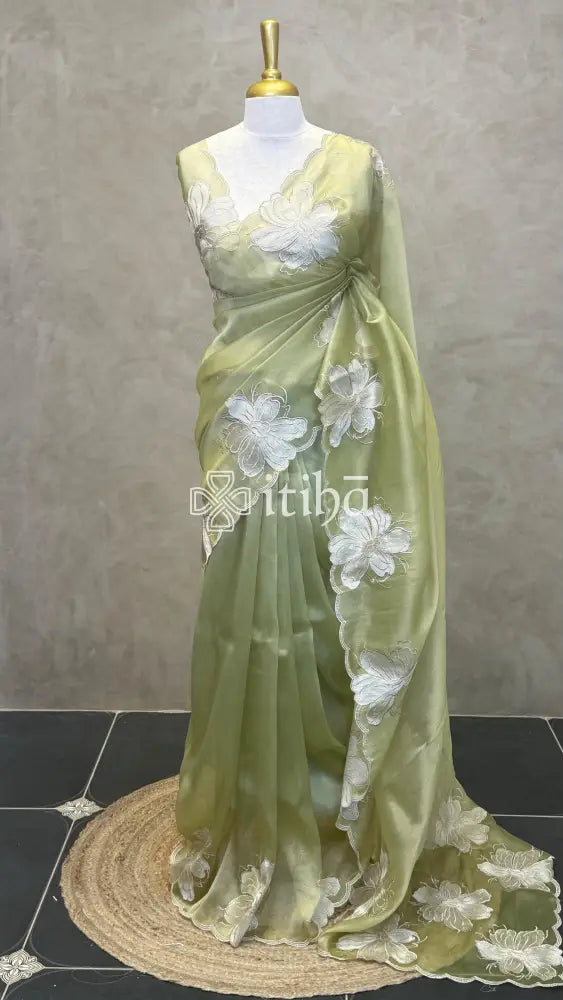 SEMI ORGANZA APPLIQUE SAREE - LIGHT GREEN
