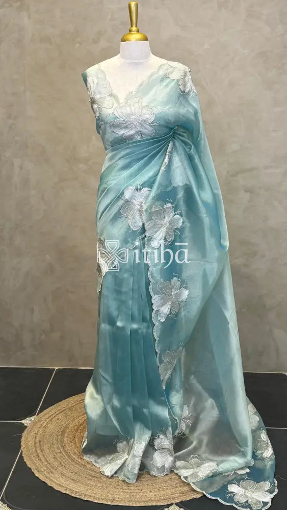 SEMI ORGANZA APPLIQUE SAREE - PASTEL BLUE