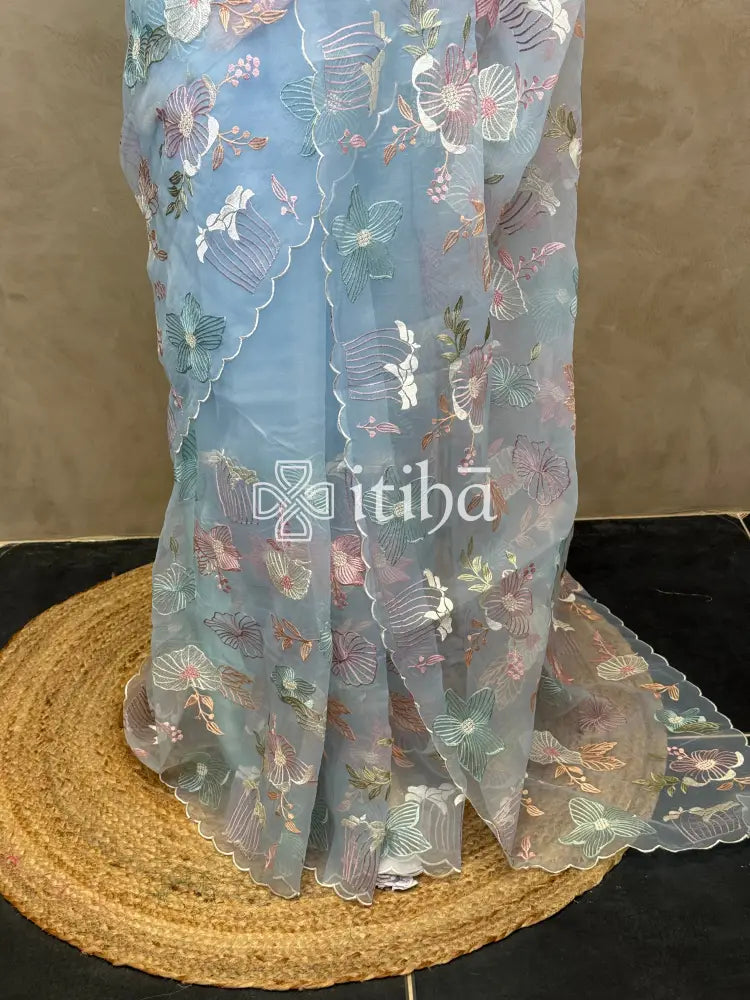 SEMI ORGANZA EMBROIDERY SAREE - PASTEL BLUE