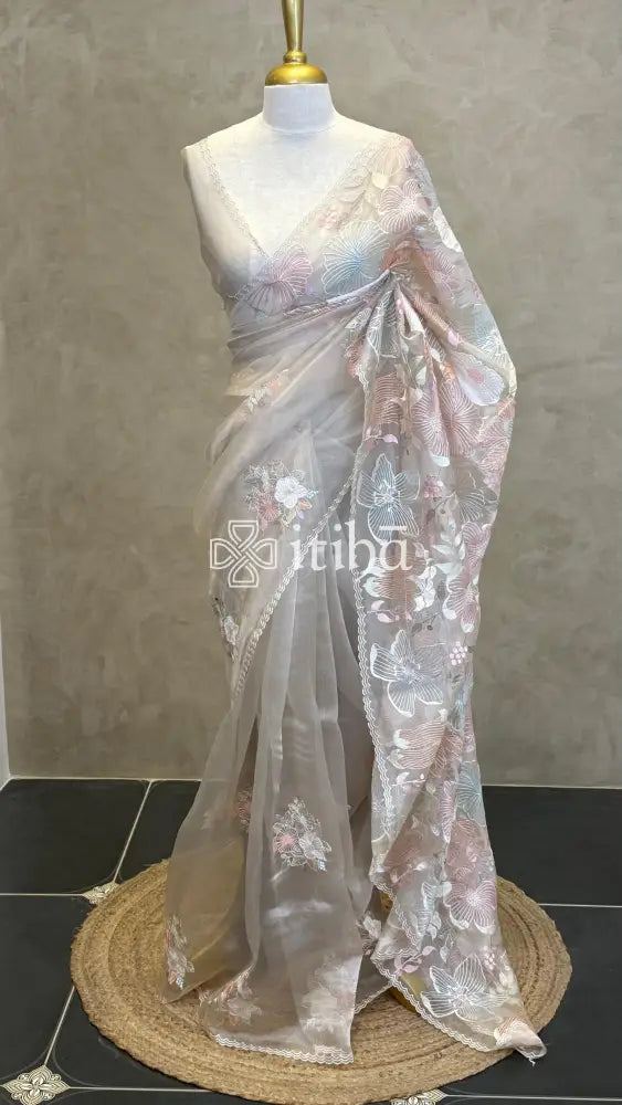 SEMI ORGANZA EMBROIDERY SAREE - Beige